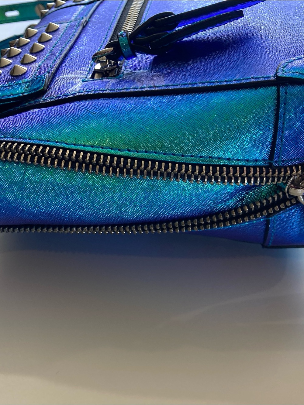 Rebecca Minkoff Iridescent Blue-Green Studded Satchel - Picture 15 of 15